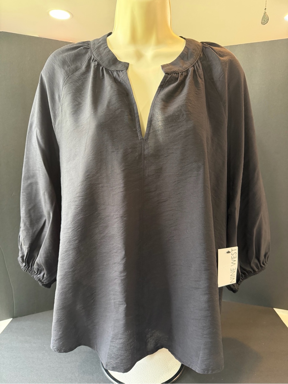 Nine West Navy Split-Neck Peasant Top